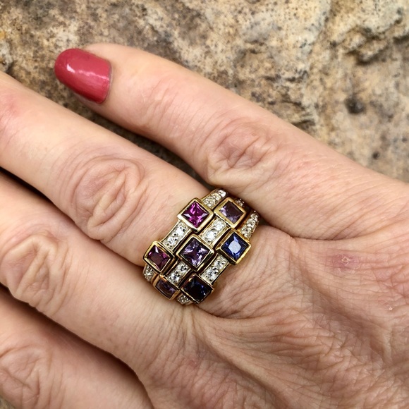 18K Vermeil over SS multi Gem stackable rings - Picture 3 of 8